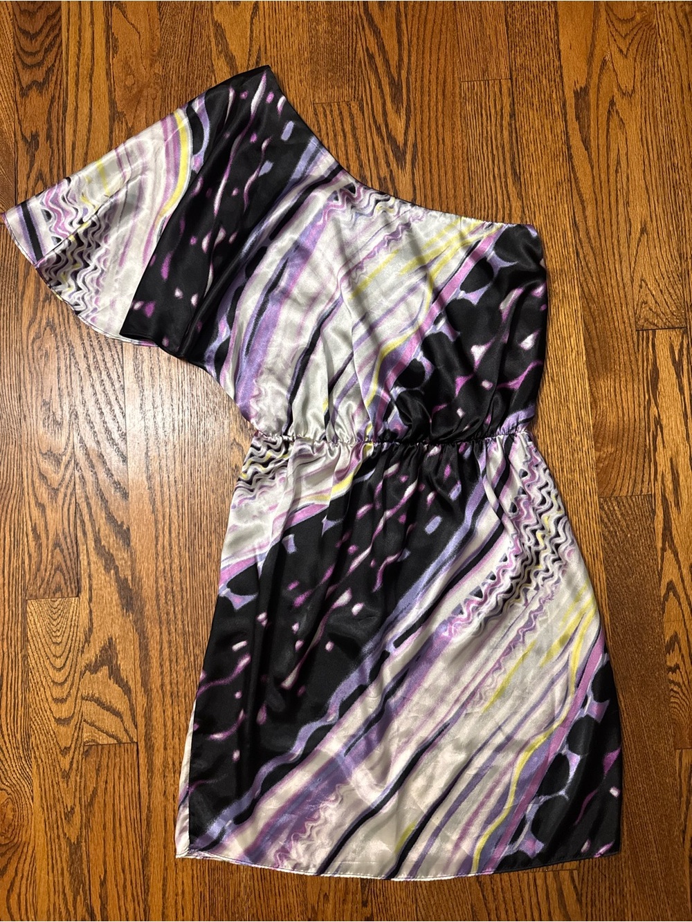 Vintage Y2K Alyn Paige One Shoulder Satin Abstract Mini Dress Size 5/6